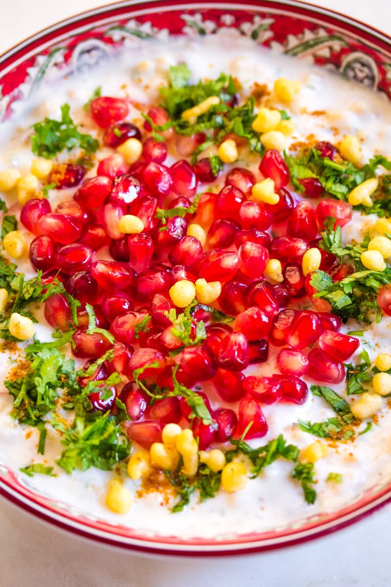 Close up of boondi raita.