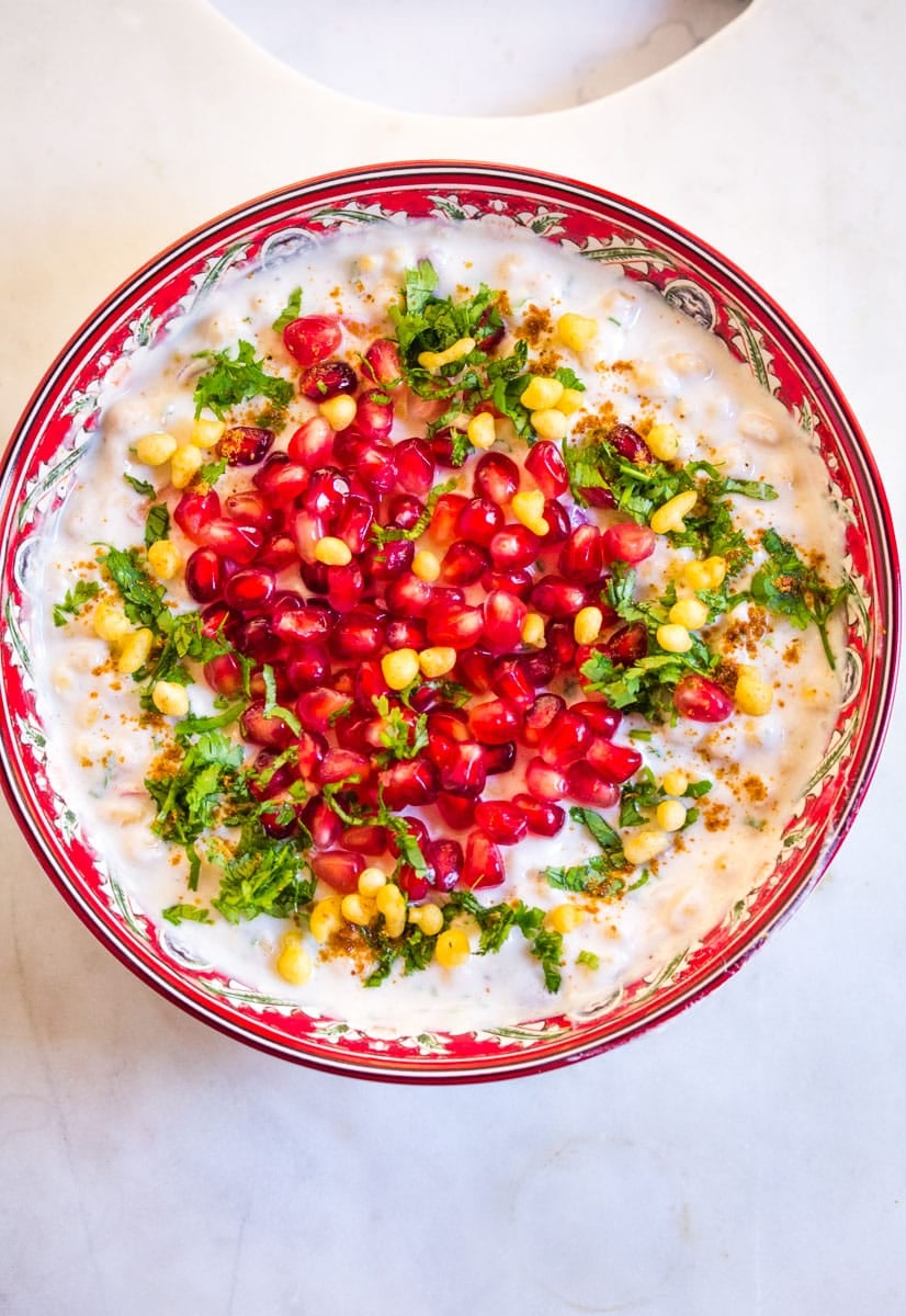 Boondi raita in decorative dish.